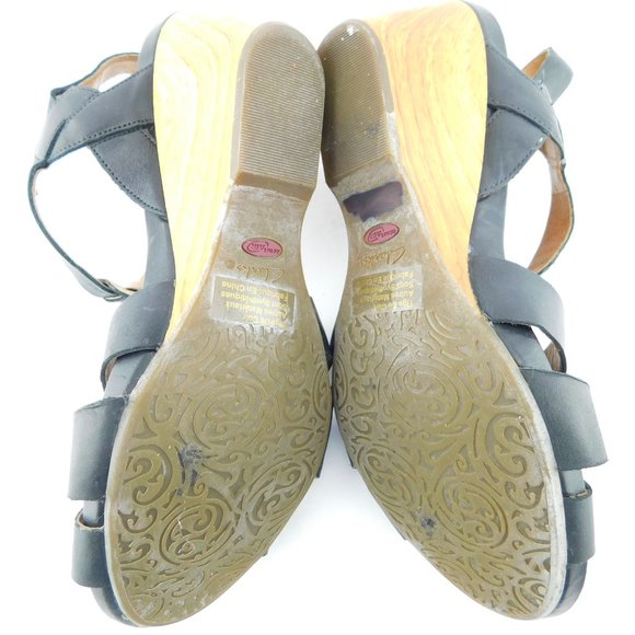 CLARKS ARTISAN Black Leather Wedge Sandals 10 - Picture 7 of 7